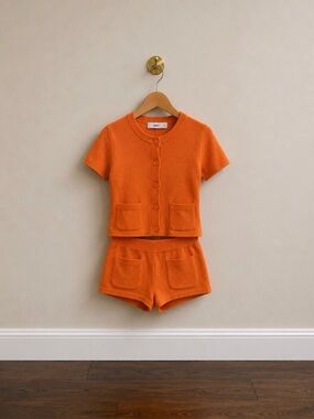 Mango MNG Orange Knit Matching Set Crop Top & Micro Shorts Size S